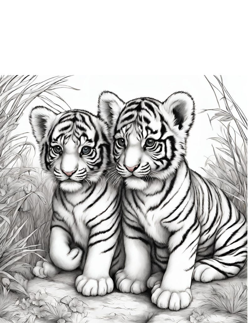 May include: Two white tiger cubs with black stripes sit side-by-side on a rock, looking at the viewer. The cubs are surrounded by tall grass.