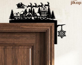 Nostalgic Santa Reindeer Topper,Vintage Inspired Doorway Arch,Santa with Reindeer Metal Decor,Vintage Metal Door Topper,Door Frame Decor
