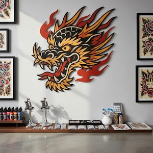 2D traditionele tattoo drakenkop metalen muur decor, retro old school kunst voor slaapkamer of studio, Amerikaanse old school stijl voor tattoo salon