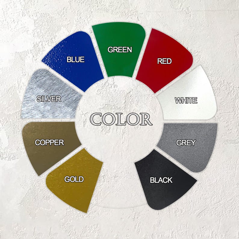 May include: A color wheel graphic with the word "COLOR" in the center. The wheel displays pie-shaped segments in blue, green, red, white, grey, black, gold, copper, and silver. Each segment is labeled with its respective color name.