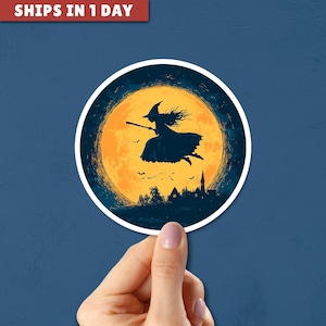 Adesivo di Halloween con sagoma di strega che vola su un manico di scopa, divertente decorazione di Halloween, stagione spettrale, adesivi divertenti, decorazione adesiva, vinile