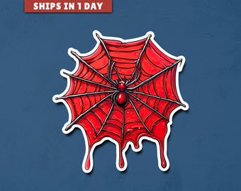 Glanzende vinylsticker Spider in Blood Web, grappig Halloween-decor