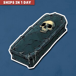 Skull Coffin Halloween Sticker: Funny Spooky Decor