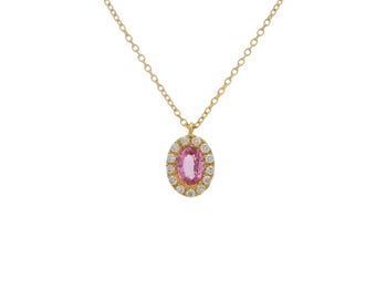 18K Gold Oval Pink Sapphire Necklace – Diamond Halo Pendant