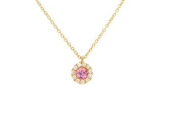18K Gold Pink Sapphire Diamond Halo Pendant Necklace