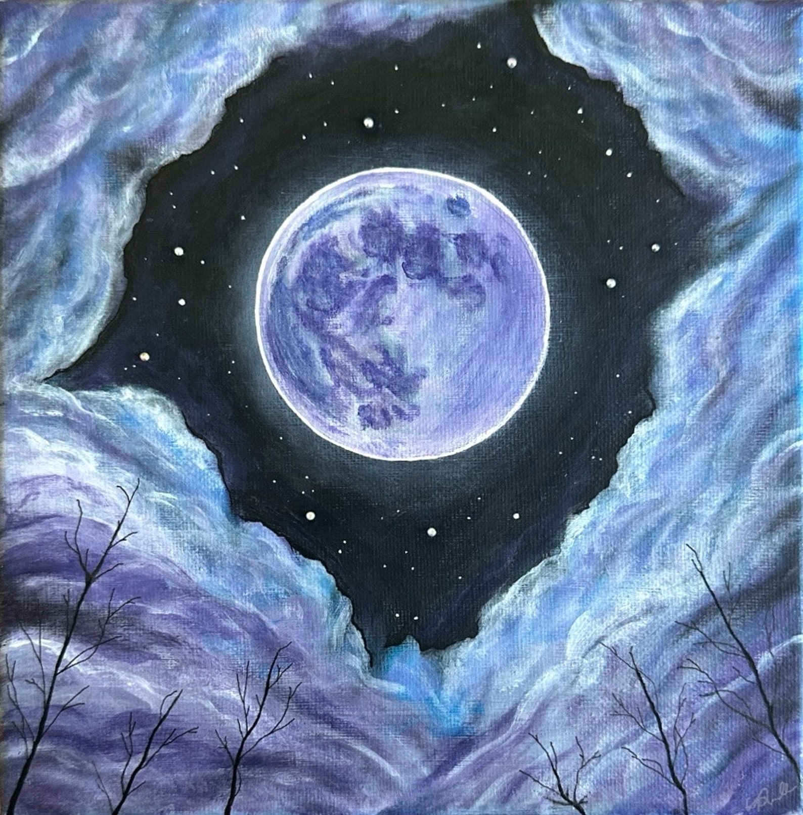 Moon and Clouds Acrylic Painting With Trees and Stars Acrylic on Canvas ...