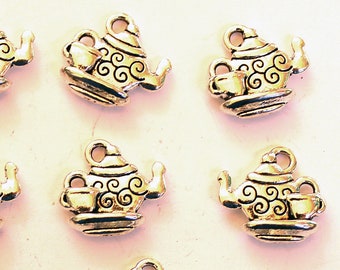 24 Antique Silver Tibetan Pewter Teapot Teacup Charms 14x15 mm