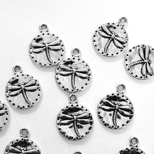 12 Antique  Silver Tibetan Pewter Dragonfly Round Coin Charms Pendants 18x15 mm