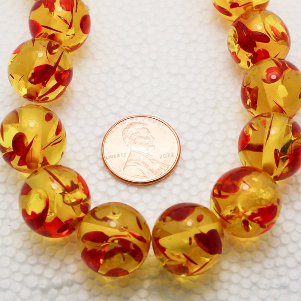 18 Golden Red Resin Imitation Faux Amber Translucent Round Beads 16 mm