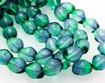 36 Bohemian Czech Glass Bicolor Blue Green Beads 13X10 mm