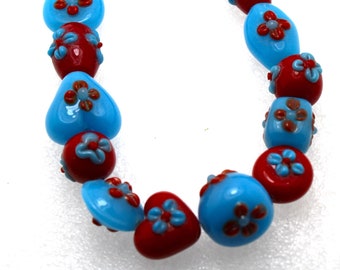 12 Vintage Blue and Red Flowers Handmade Opaque Glass Lampwork Beads