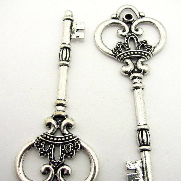 2 Antique Silver Pewter Large Ornate Skeleton Key Pendants 84x32 mm