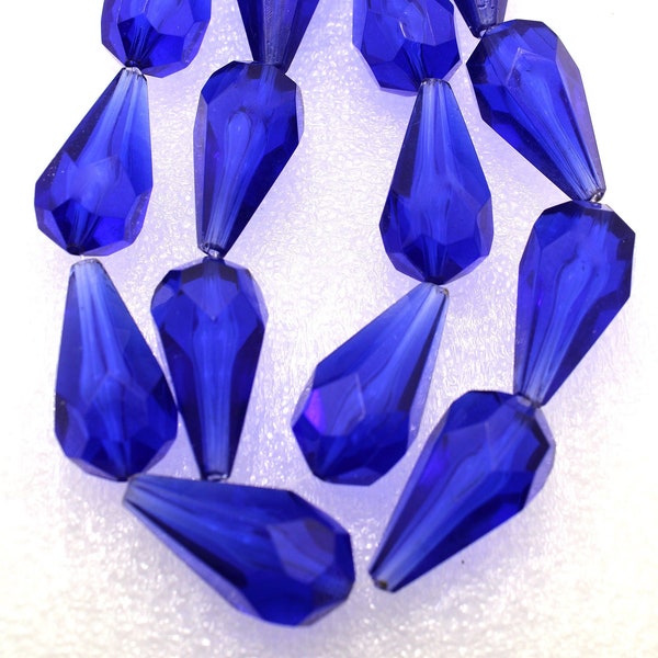 12 Faceted Blue Teardrop Briolette Acrylic Pendant Beads 28x15 mm