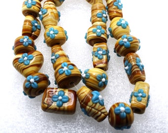 12 Vintage Brown with Blue Handmade Opaque Glass Lampwork Beads