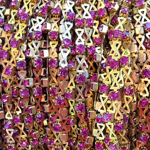 Swarovski Crystal Fuchsia Rhinestone and Open Cut Crisscross Chain Raw Brass 24 pp Priced per Foot