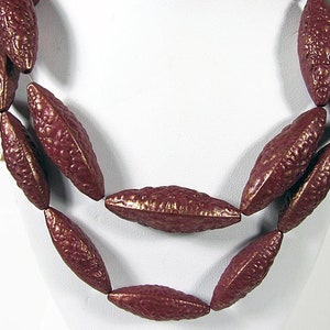 12 Vintage Lucite Elongated Bicone Red Brown Metallic Patterned Solid Beads 30x10 mm