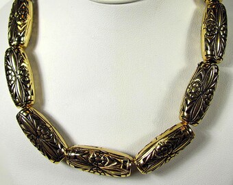 24 Vintage Metalized Plastic Antique Gold Embossed Design Beads  25X12X9 mm