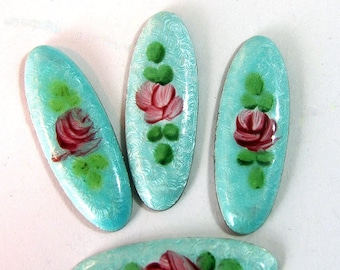 4 Vintage Enamel Guilloche Cabochons Turquoise 25x8mm