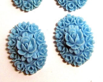 6 Oval Blue Flower Cabochons 25x18 mm