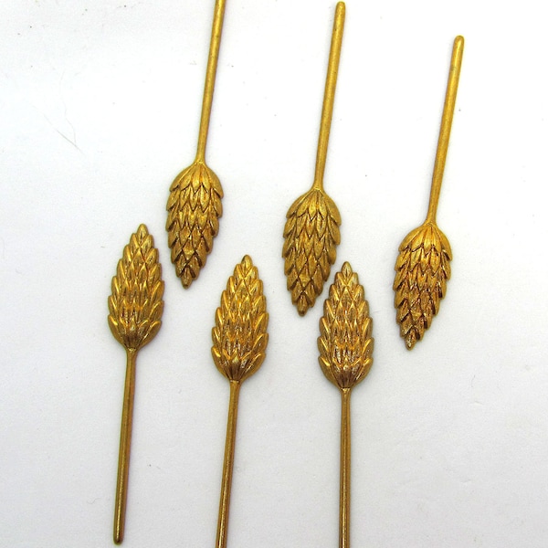 6 Vintage Wheat Stalk Raw Brass Stampings Findings 55x10x3 mm