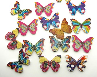 36 Wooden Butterfly Buttons Mixed Colors Assortment 21x28x3mm