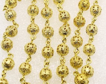 Gold Plated Brass 6mm Filigree  Beaded Chain by the Foot