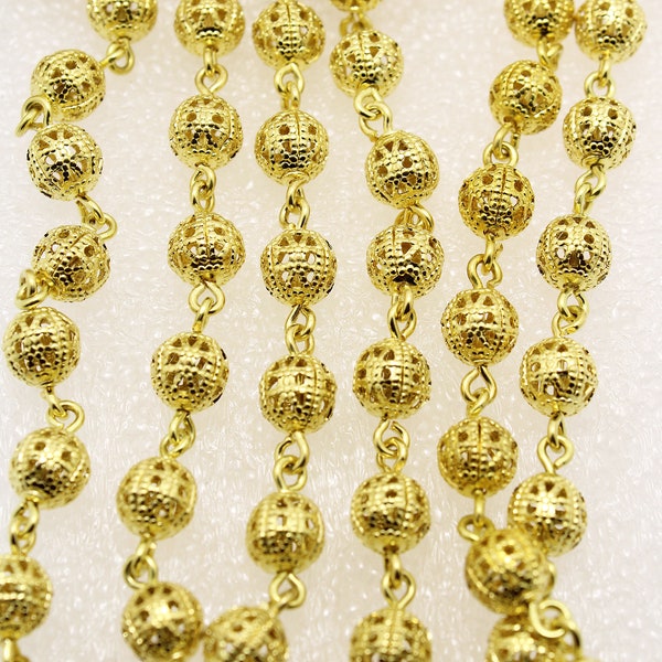 Gold Plated Brass 6mm Filigree  Beaded Chain by the Foot