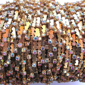 Swarovski AB Crystal Rhinestone Chain: Raw Brass Double Hearts, 3mm (Priced Per Foot)