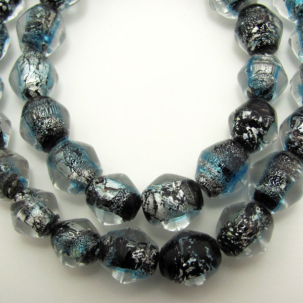 36 Bicone Black Blue Foil Metallic Lampwork Glass Beads 12x10 mm