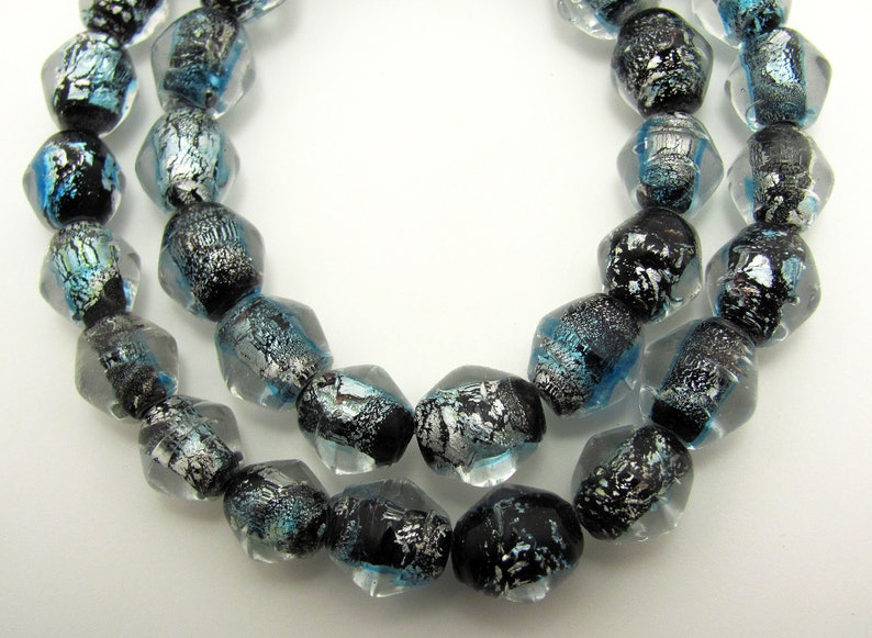 36 Bicone Black Blue Foil Metallic Lampwork Glass Beads 12x10 mm image 1