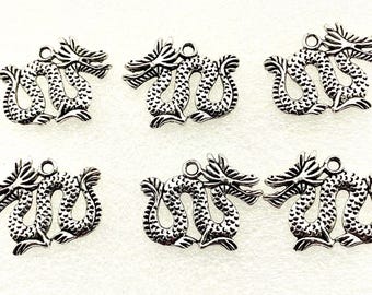 12 Chinese Dragon Double Sided Silver Charms Pendants 20x24 mm