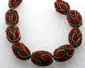 5 Indonesian Tibetan Red Glass Brown Clay Bicone Beads 21x13 mm