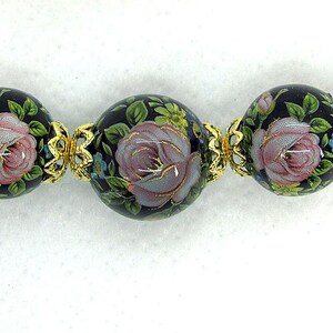 5 Graduated Japanese Tensha Beads Pink Rose on Black 12, 14, 16 mm