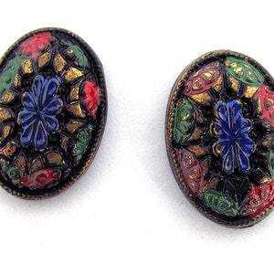 2 Vintage Hand Painted Pressed Czech Glass Cabochons 18X13 mm
