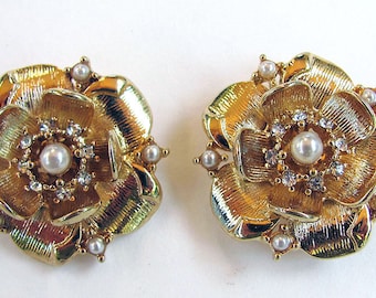 2 Rhinestone Pearl Gold Flower Shoe Clips-1 pair 30 mm