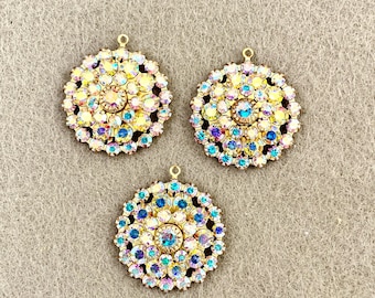 2 Vintage Swarovski AB Crystal Rhinestone Round Pendants Charms 25 mm