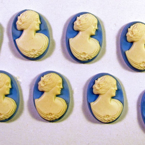 10 Ivory Lady Embossed Blue Cabochons Cameos 18X13mm