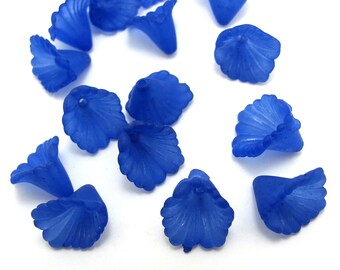 48 Frosted Translucent Royal Blue Acrylic Ruffle Trumpet Flowers Bead Caps 12x12 mm