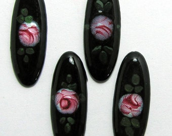 4 Vintage Enamel Guilloche Cabochons Black 25x8 mm