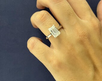 3 Ct Emerald Cut Lab Grown Diamond Engagement Ring: 14K White Gold Wedding Band
