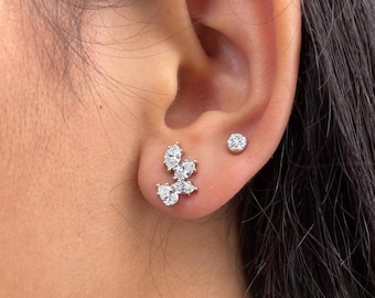14K White Gold Lab Grown Diamond Floral Stud Earrings for Wedding & Gift.