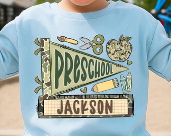 First Day of School Toddler Shirt, Preschool Camo Boy Shirt, Pennant Name School Outfit, Back To School Tee for Kid, Kindergarten Kid Tee