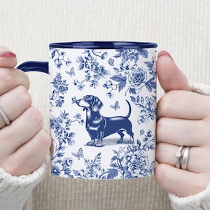 Dachshund French Toile de Jouy Mug, Blue Toile Coffee Cup for Doxie Mom, Sausage Dog Lover Gifts, Dog Mom Mothers Day Mug, Sausage Dog Gift