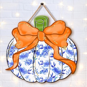 Coquette Bow Pumpkin Door Sign, Fall Door Hanger, Chinoiserie Pumpkin Door Hanger, Autumn Home Decor Gift, Trendy Fall Season Decor Sign