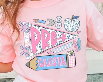 Custom Coquette PreK Shirt for Girls, PreK Kids Name Back To School Shirt, PreK First Day Of Outfit, Pennant Name Toddler School Shirt