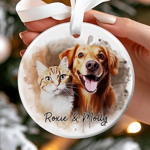 Custom Pet Portrait Ornament, Custom Dog Cat Photo Ornament, Christmas Gift for Pet Owners, Watercolor Dog Photo Gifts, Memorial Pet Gifts