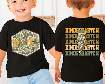 Retro Camo Boy Back To School Shirt, Kindergarten Boy 1st Day of School Shirt, Custom Name School Shirt for Toddler, Preschool Boy Tee