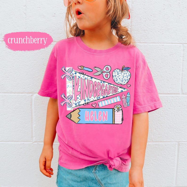 First Day of Kindergarten Shirt for Kids, Back To School Shirt for Girls, Kindergarten Girl Outfit, Custom Name Flag Shirt, Pennant Shirt image 4