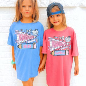 First Day of Kindergarten Shirt for Kids, Back To School Shirt for Girls, Kindergarten Girl Outfit, Custom Name Flag Shirt, Pennant Shirt image 10