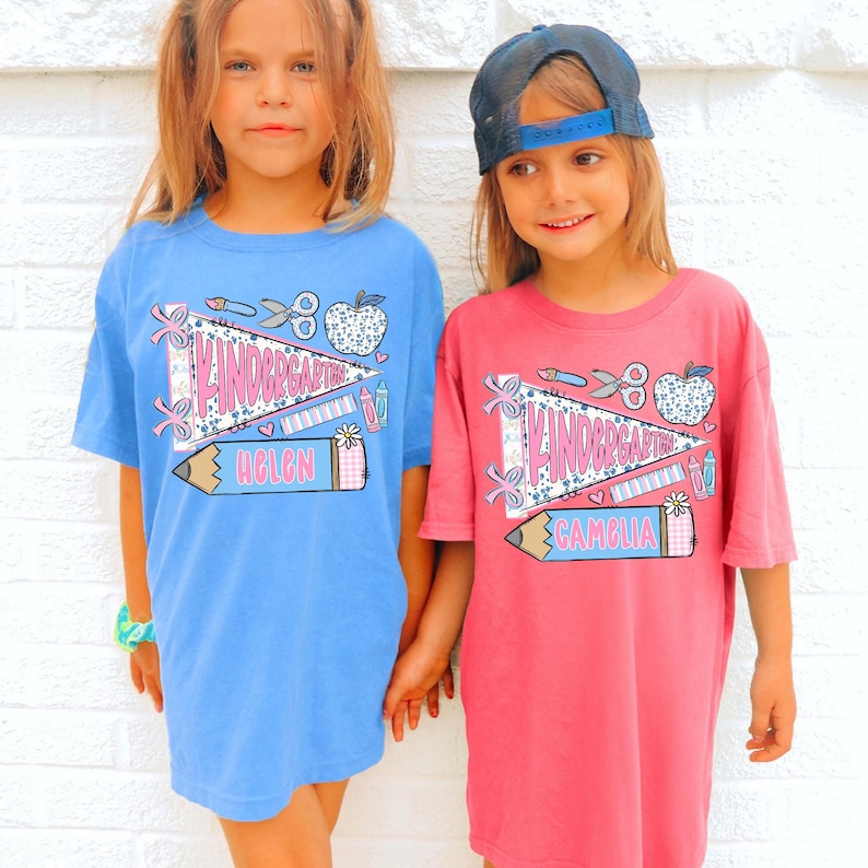 First Day of Kindergarten Shirt for Kids, Back To School Shirt for Girls, Kindergarten Girl Outfit, Custom Name Flag Shirt, Pennant Shirt image 10